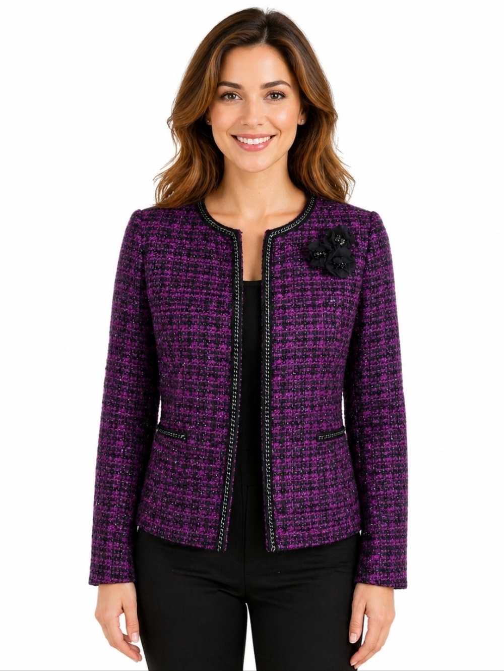 Tahari ASL Tweed Blazer Size 8 Purple Black Open Chain Trim Lapel Flower Pockets